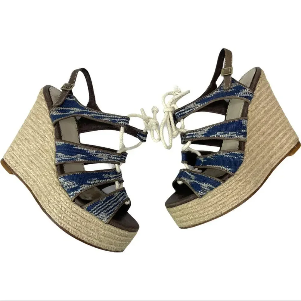 Rafe New York Espadrille Wedges Platform Sandals Blue Tribal Print Size 7